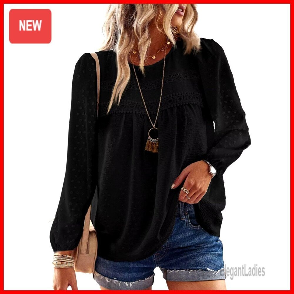 Long Sleeve Crewneck Tunic Blouse with Lace Hem, Boho Style